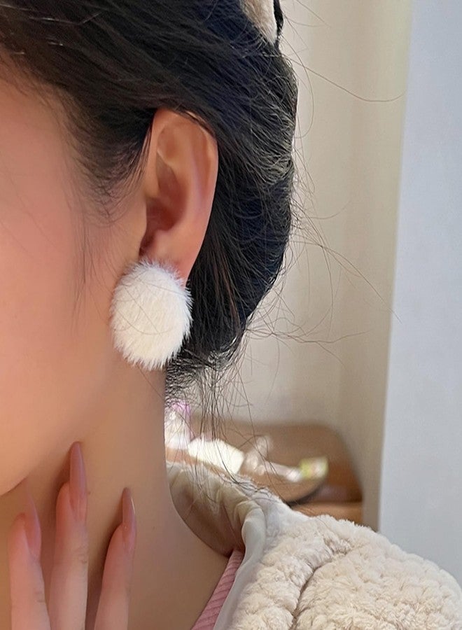 Aktully Pom Pom Earrings for Women Cute White Fluffy Pom Heart Earrings Statement Square Heart Circle Fluffy Fur Ball Stud Earrings Christmas Winter Jewelry Gifts for Women (Circle) - Image 3